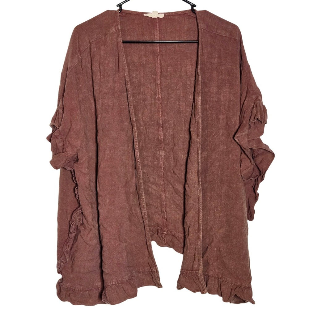 Easel Ruffle Open Front Cardigan Small Terracotta Boho Coastal Rustic Linen Fall